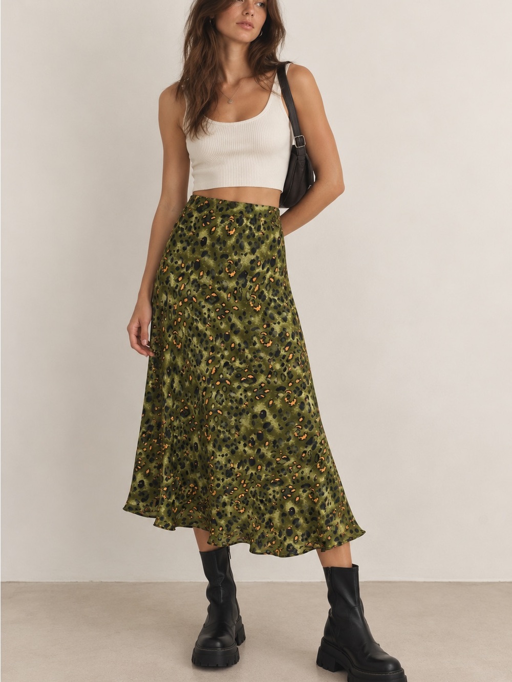 Nasty Gal Olive Green Leopard Print Satin Midi Drop Skirt Size 4
